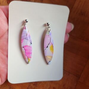Watercolor pink purple clay dangle earrings, handcrafted